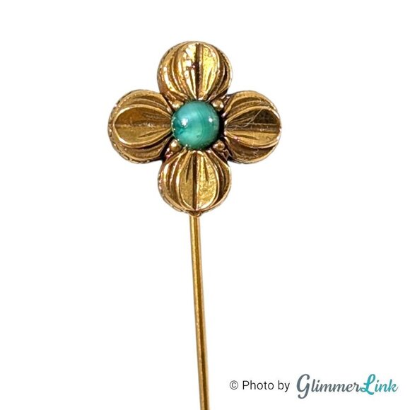 Vintage Ornate Floral Clover Green Cabochon Gold Tone Stick Pin - Picture 2 of 11